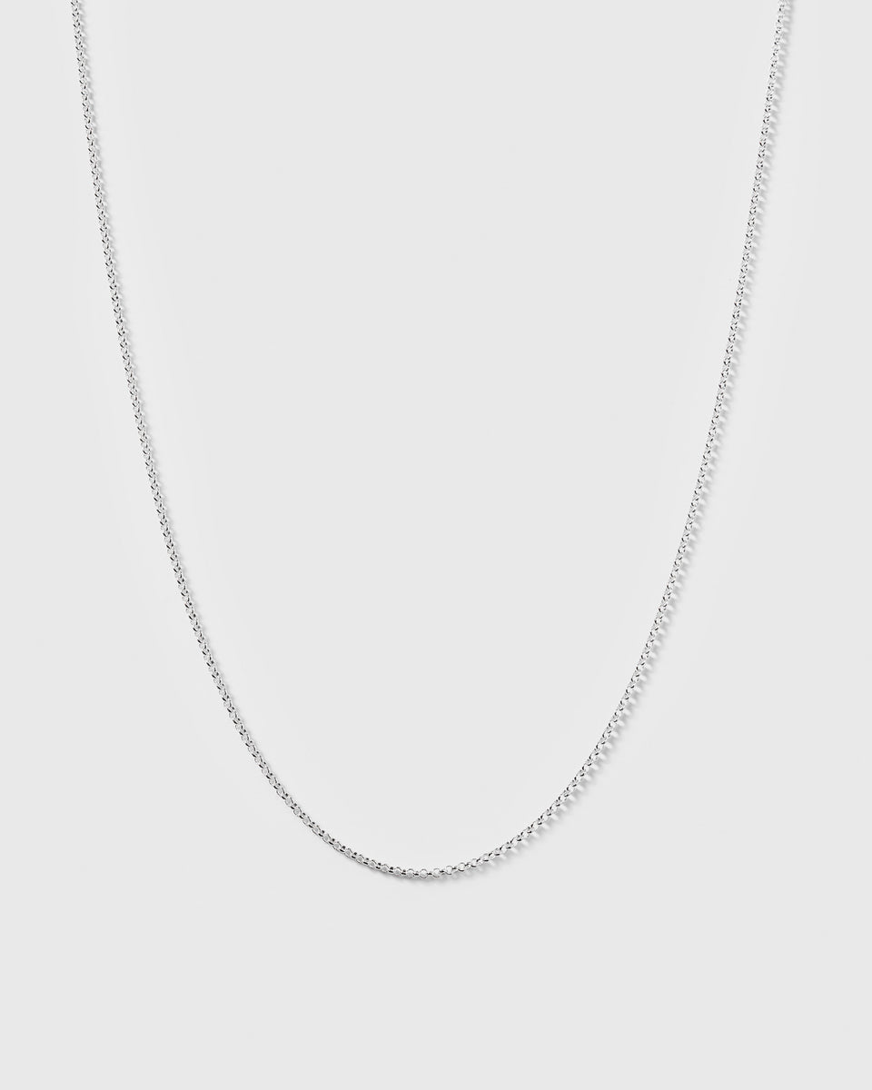 A product shot of the Beloved Medium Rolo Chain in silver, a delicate necklace with classic rolo links.
