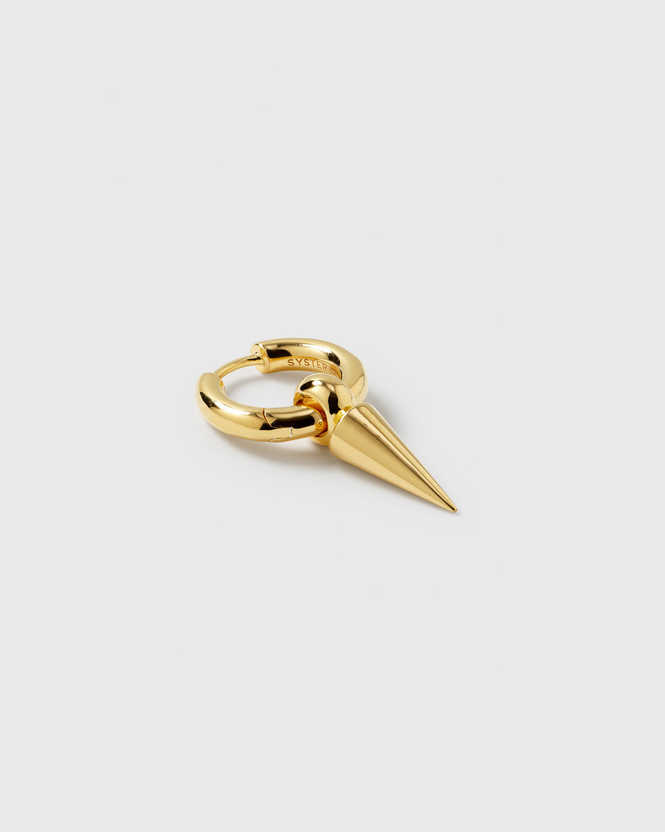 A product shot of the Juno Single Hoop in gold, showing the chunky hoop with a dangling spike charm.