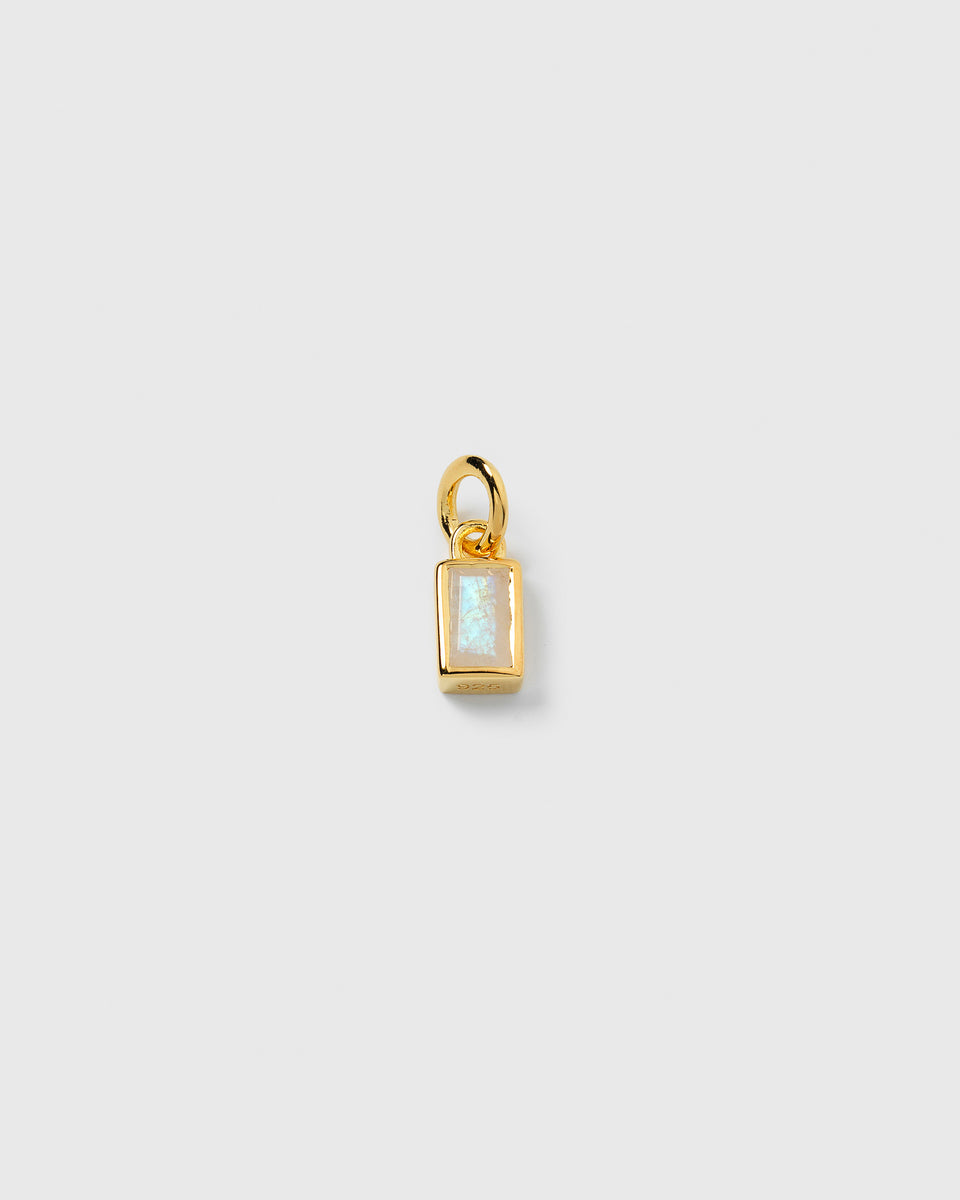 A product shot of the Beloved Squared Pendant in gold, featuring a rectangular moonstone set in a gold-plated frame.