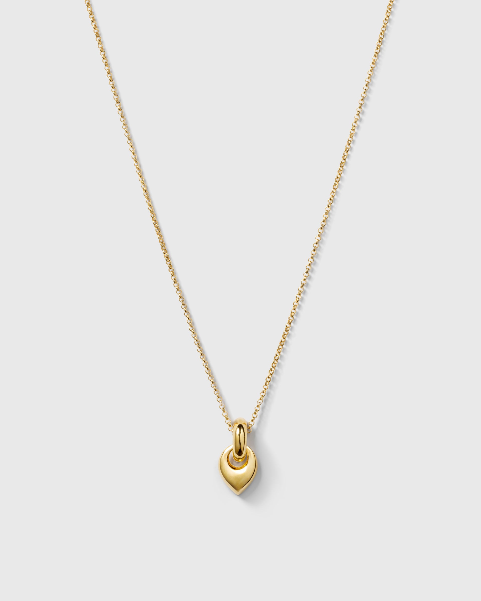 A product shot of the Melinda Long Necklace in gold, showcasing its long rolo chain and chunky, nature-inspired leaf-shaped pendant.