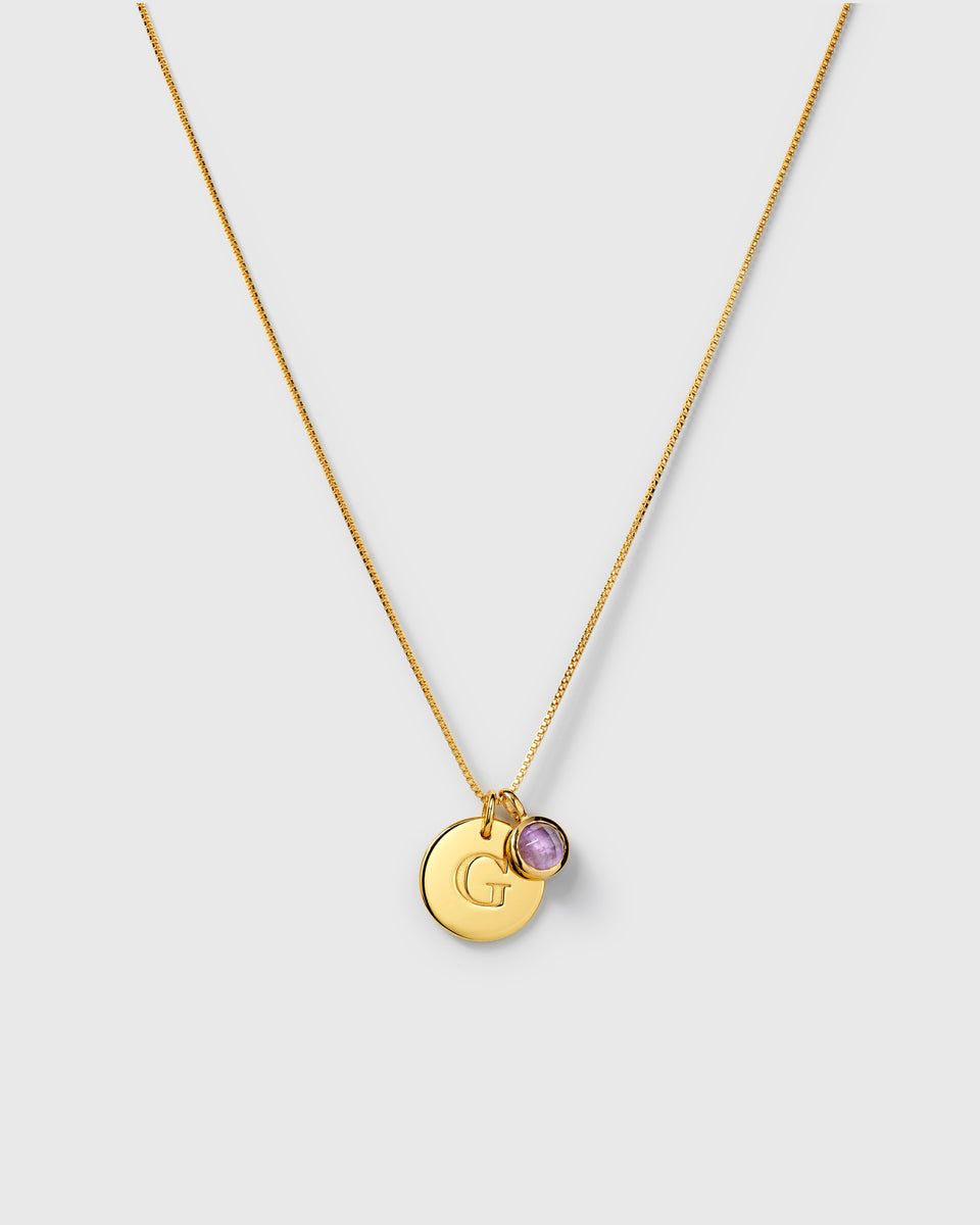 Gold necklace with two pendants: a February birthstone purple amethyst and a round letter charm.